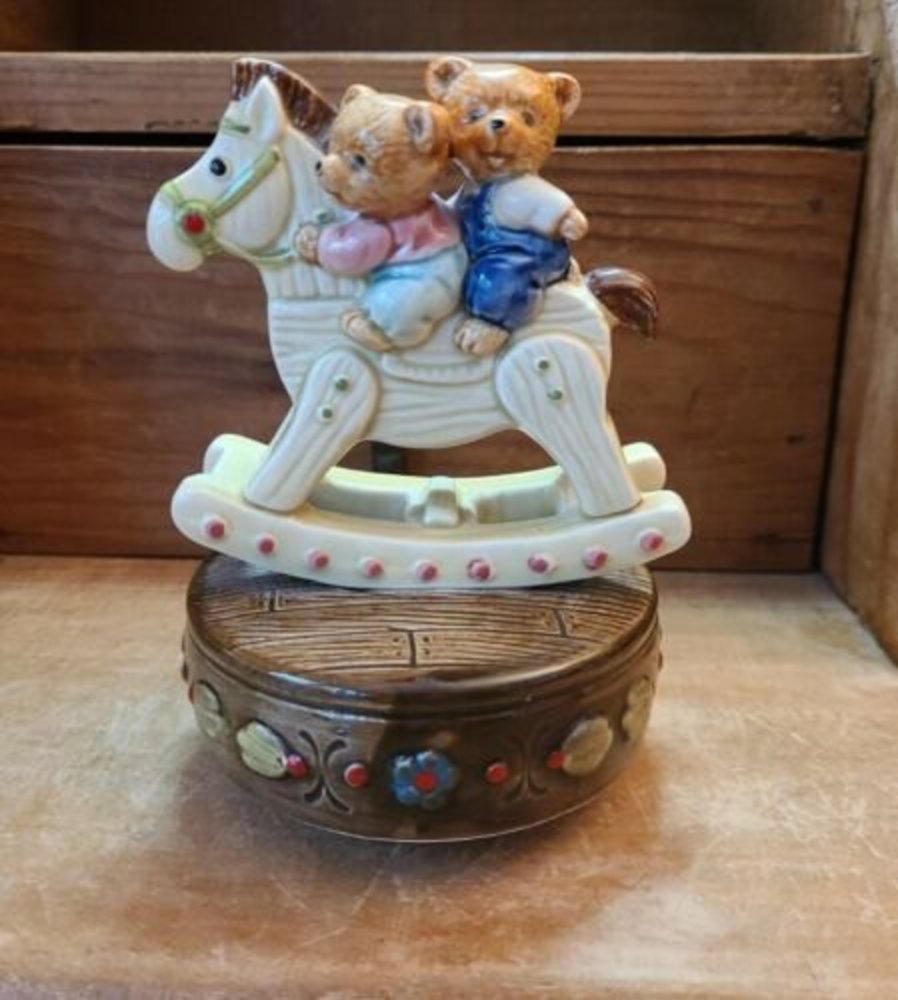 Vintage Otagiri Music Box Bears Riding Rocking Horse Plays Edelweiss